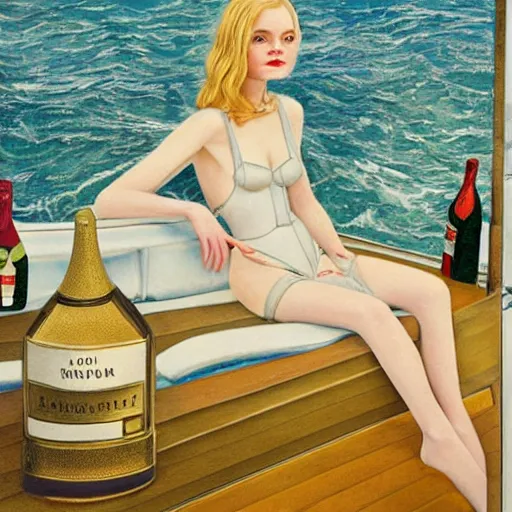 Prompt: Elle Fanning on a yacht next to a bottle of champagne, extremely detailed masterpiece, illustration, by Michael Sowa,