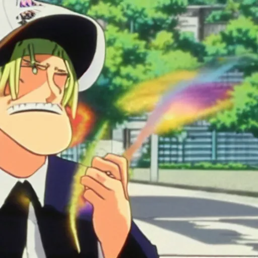 Image similar to A still of Jonah Hill with blonde hair wearing a tie dye t-shirt and a hat, smoking in One Piece Anime Series