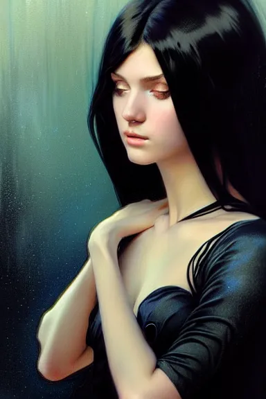 Image similar to portrait of teenage girl with long glossy black hair, blue eyes, glowing skin, fashion model features, fantasy, intricate, elegant, black dress, highly detailed, digital painting, artstation, concept art, smooth, sharp focus, illustration, art by Krenz Cushart and Artem Demura and alphonse mucha