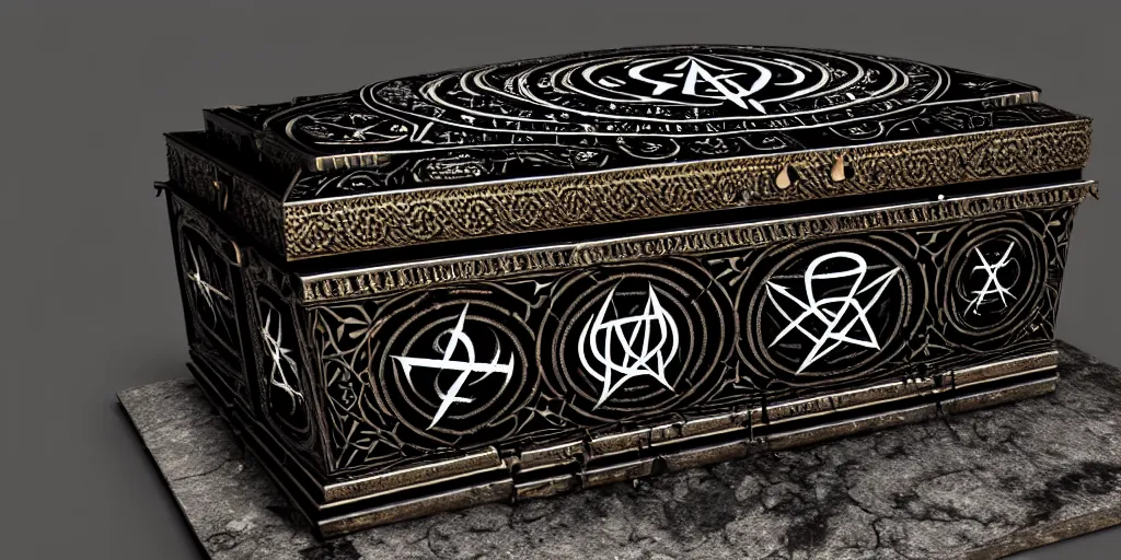 Image similar to an ancient ornate intricate old spell satanic coffin with the sigil symbol of evil emblazoned on the cover, cinematic, realistic, intricate detail, finely detailed, small details, extra detail, photorealistic, high resolution, 3 d, pbr, path tracing, volumetric lighting, octane render, arnold render, 8 k