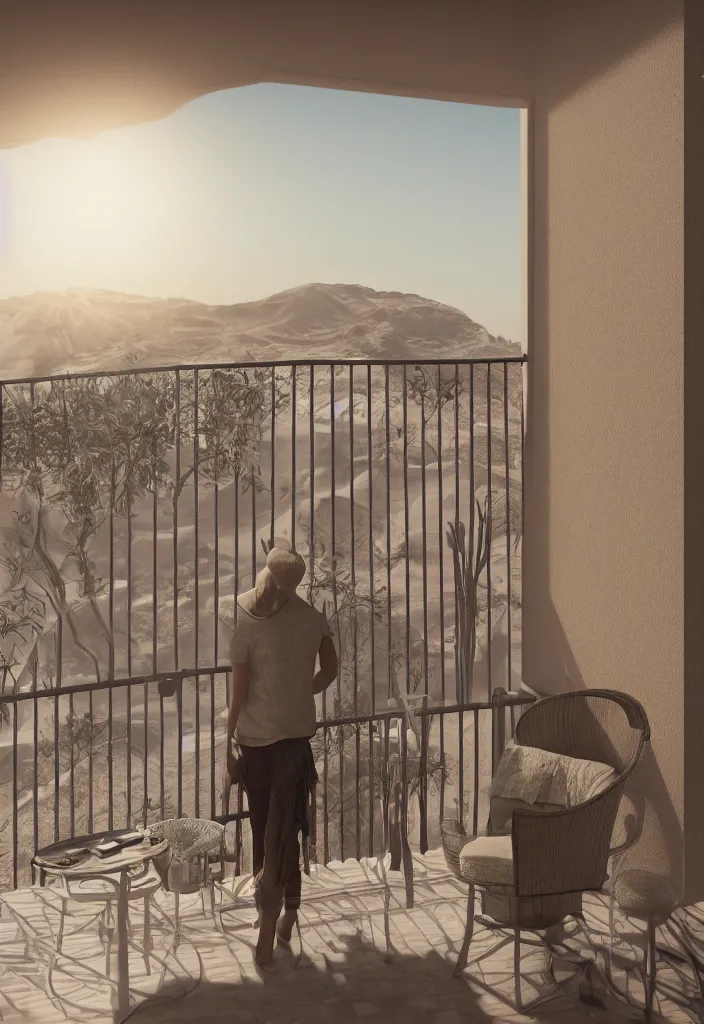 Image similar to italian balcony with a person smoking on a hot weather with desert dunes in the background, realistic, soft natural volumetric lighting, beautifully detailed 4 k octane render, 4 k post processing 8 k