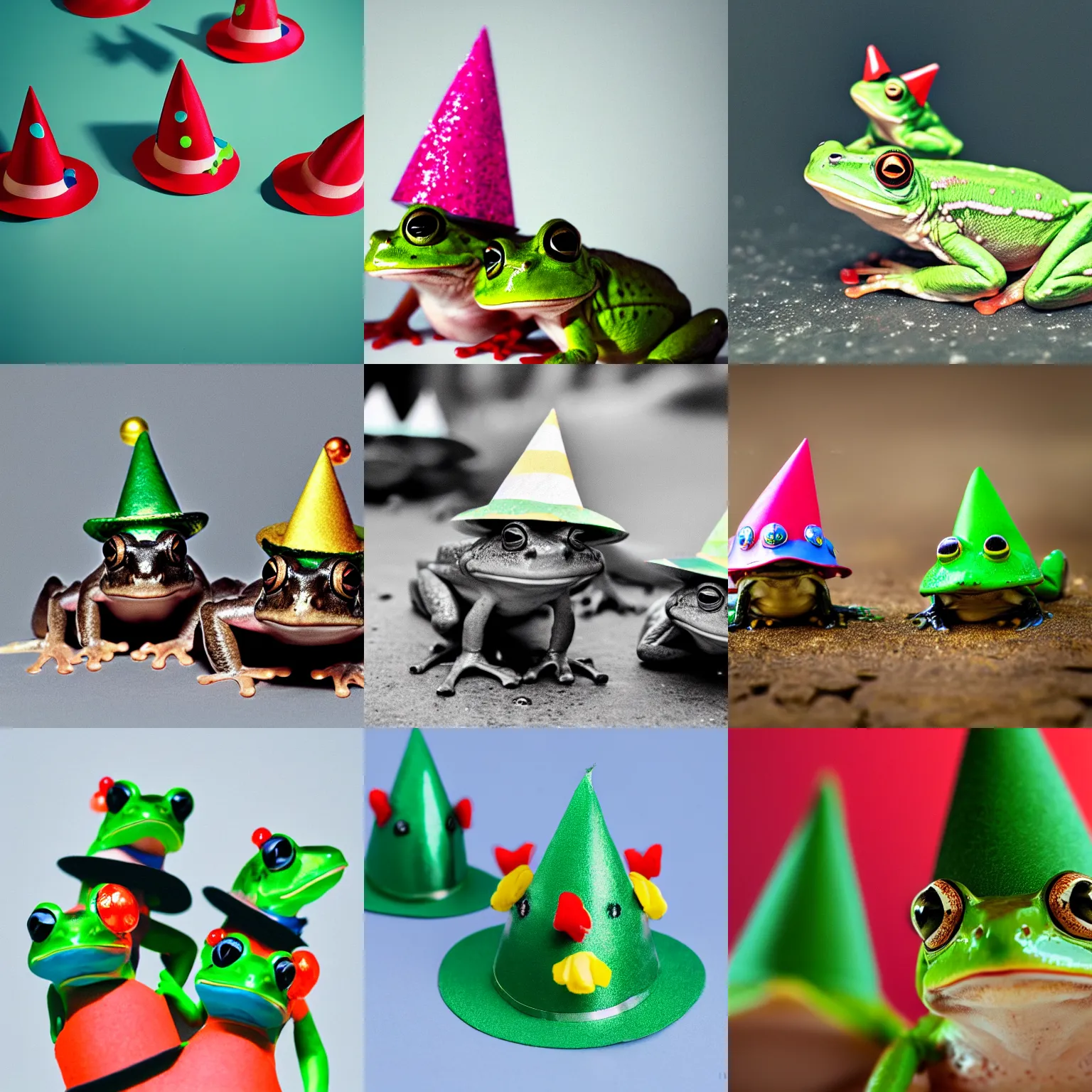 Prompt: photo of frogs wearing party hats, 3 5 mm macro