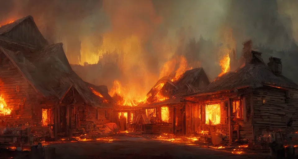 Image similar to book illustration of small burning wooden village. Fire flames everywhere. Atmospheric beautiful by Eddie mendoza and Craig Mullins. volumetric lights