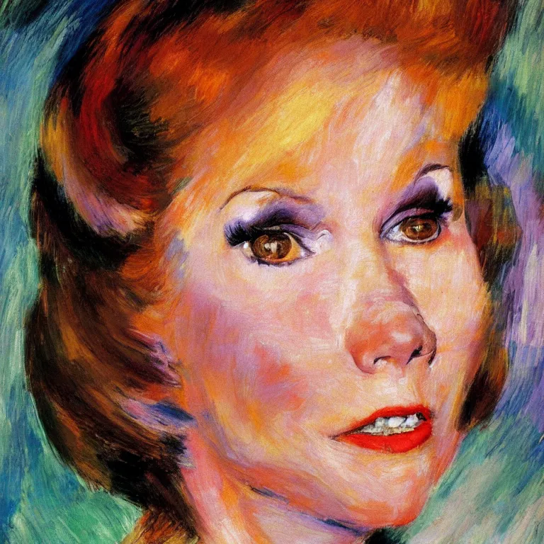 Prompt: close up studio portrait of Mary Tyler Moore, age 22, gorgeous face, wearing a punk t shirt in 1985, impasto heavy brushstrokes oil painting by Mary Cassatt and Franz Marc and Norman Rockwell, Intense colors trending on artstation dramatic lighting Expressionism