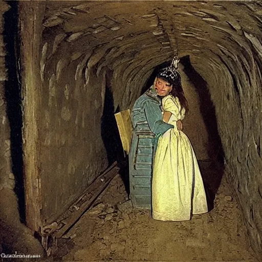 Prompt: tzar and tzarina are killed with magic happens in an underground celler, levitan, russia