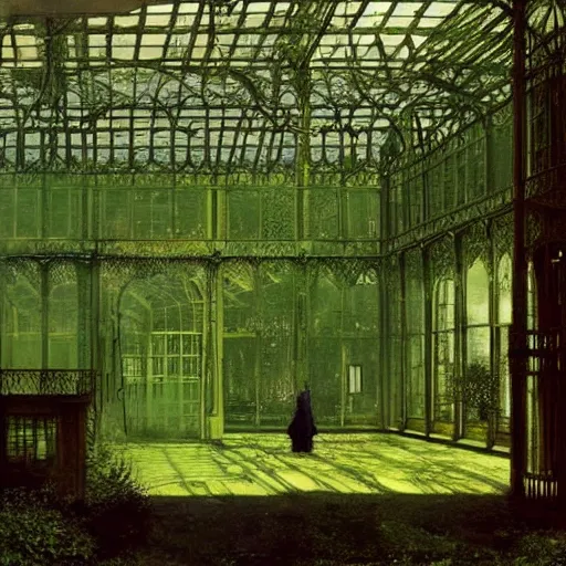 Image similar to a beautiful painting of a large overgrown victorian greenhouse with an eerie green translucent ghost and with large windows, warm lights, evening, stunningly beautiful architecture, by john atkinson grimshaw