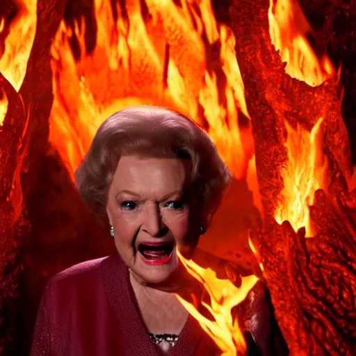 Prompt: stunning awe inspiring betty white the queen of hell surounded by fire, lava and demons, movie still 8 k hdr atmospheric lighting