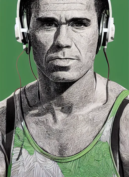 Image similar to portrait of a man with gray and green mohawk wearing a gray headset and brown tank top, gray and green mohawk, gray headset, brown tank top. art by martin ansin, martin ansin artwork. portrait.