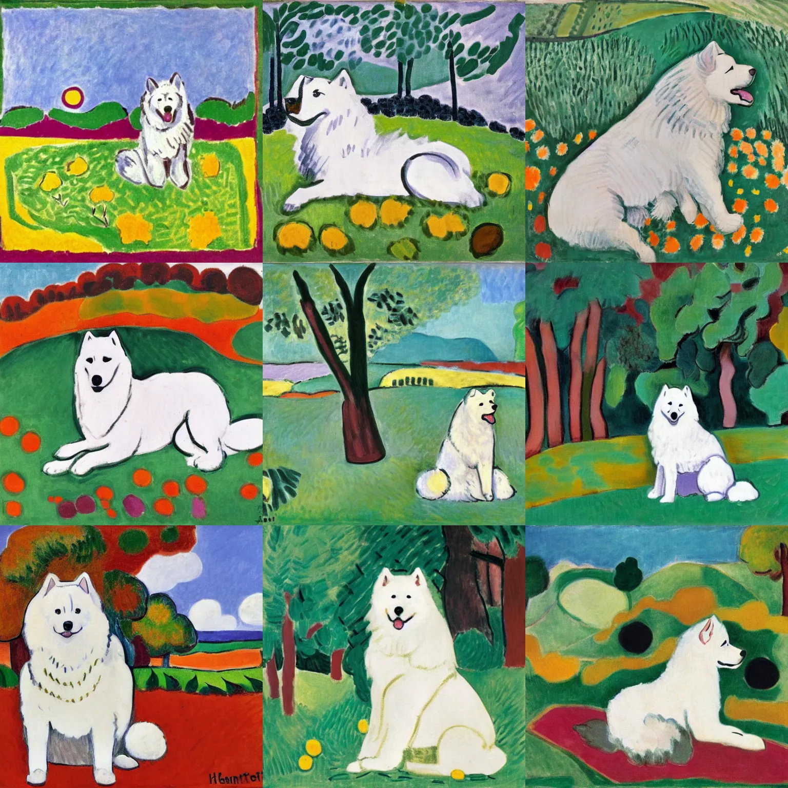 Prompt: a samoyed dog sitting in the middle of sunny meadow, by henri matisse