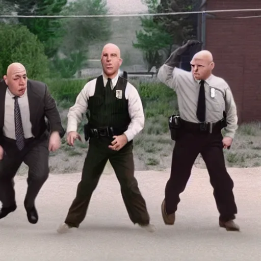 Prompt: Live Action Still of The Three Stooges evading the cops in Breaking Bad, real life, hyperrealistic, ultra realistic, realistic, highly detailed, detailed, very detailed, cool, ultra detailed, very realistic, trending on artstation, epic, HD quality, 8k resolution, body and headshot, film still, real, detailed faces, very detailed faces, real life