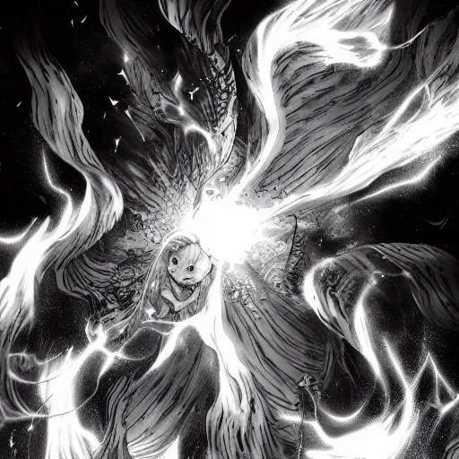 Image similar to astral explosion in the style of kentaro miura, 4 k, 8 k, absolute detailing of even the smallest details and particles, beautiful shadows, beautiful art, black and white drawing, high rendering of the details of the environment, faces and characters