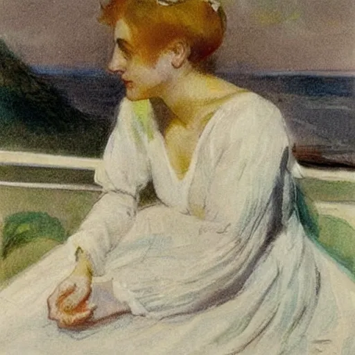 Image similar to a young edwardian woman wearing a white dress, playing guitar in a window at night, the sea and a beach and the moon is visible in the background, in the style of anders zorn