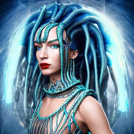 Image similar to unreal engine, octane render, 8 k, sandro botticelli portrait of egyptian sumerian goddess princess intergalactica, nautical siren, queen of heaven, techno mystic goddess, with aqua neon dreadlocks, teal eyebrows encrusted with diamonds, wearing iris van herpen haute couture, star - gate of futurisma,