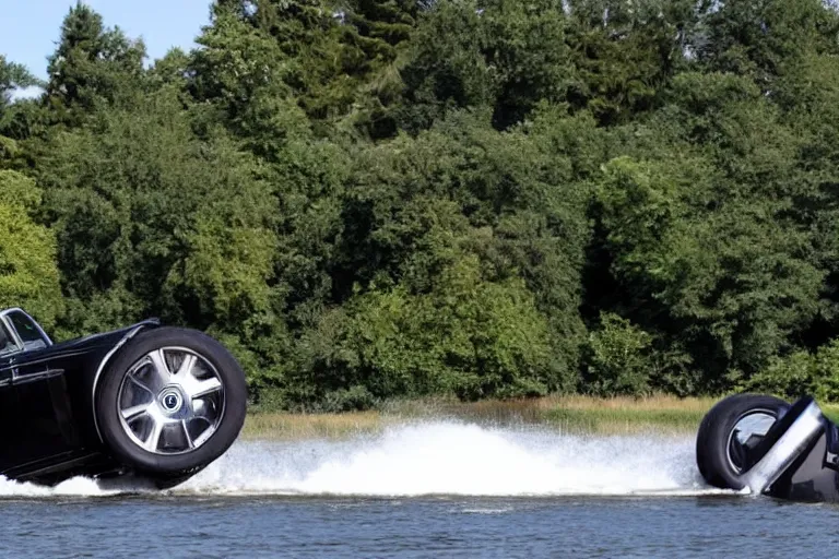 Image similar to Group of teenagers push Rolls-Royce into lake from small slide