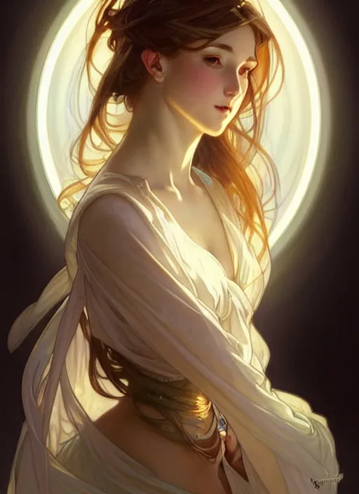 Image similar to digital character concept art by artgerm and greg rutkowski and alphonse mucha. clear portrait of a young wife blessed by god to uncontrollably become overwhelmingly perfect!! blonde, clothed, obviously feminine holy body!! light effect. hyper detailed, glowing lights!! intricate, elegant, digital painting, artstation, smooth, sharp focus