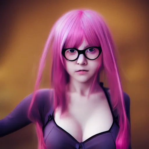 Prompt: a anime waifu with pink hair and round glasses, 4 k, high octane render, blender, succubus, digital art, realistic, hyper realism, cinematic,