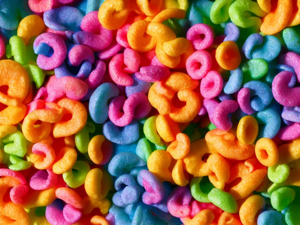Image similar to bowl of fruit loops in milk, high realism, crunchy, glossy, high detail, stylized, pixar, substance painter, octane render
