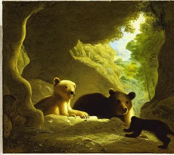 Image similar to viewer looking into dark cave and seeing a mother bear and her cubs sleeping, night time, artwork by Pieter Claesz, impressionism