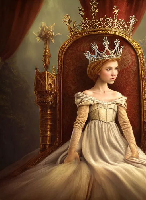 Image similar to highly detailed closeup portrait of a fairytale medieval princess wearing a crown and sitting on a throne, unreal engine, nicoletta ceccoli, mark ryden, earl norem, lostfish, global illumination, god rays, detailed and intricate environment