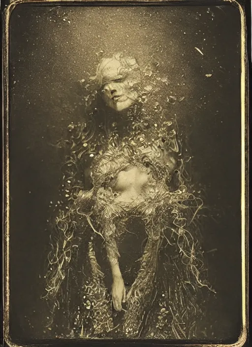 Image similar to old wetplate daguerreotype portrait of the birth of a super villain, explosion of data fragments, fractal, intricate, elegant, highly detailed, parallax, leica, medium format, subsurface scattering, by jheronimus bosch and greg rutkowski and louis jacques mande daguerre