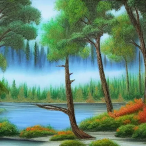 Prompt: Bob Ross drawing a forest with a lake