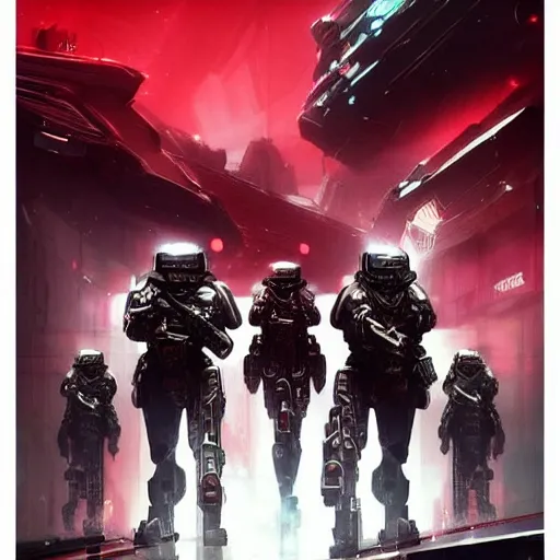 Image similar to Videogame poster, luxury advertisement, red, green and black colors. highly detailed sci-fi close-up heavy infantry troops in black armor and futuristic tanks, at devastated city in style of cytus and deemo, alien vibes, by Greg Rutkowski, set in C&C3 tiberium wars, beautiful with eerie vibes, very inspirational, very stylish, with gradients, surrealistic, dystopia, postapocalyptic, depth of field, shadows, rich cinematic atmosphere, perfect digital art, action, dybanic, dangerous journey in devastated world, beautiful dramatic dark moody tones and studio lighting, shadows, octane render, arthouse