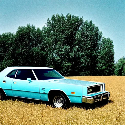 Image similar to A photograph of a beater!!!!!!!!! Powder Blue Dodge Aspen (1976) in a farm field, photo taken in 1989