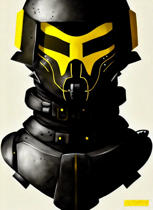 Image similar to a portrait of a vicious helldiver scout soldier, black armor with yellow accents, closeup on face, ilya kuvshinov, pop - art, pixiv top monthly, trending on artstation, cinematic, danbooru, zerochan art, kyoto animation