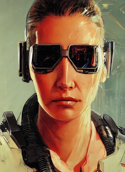 Image similar to cyberpunk female space pilot character ( blade runner 2 0 4 9, dystopian, cyberpunk 2 0 7 7 character design ). attractive face. portrait by james gurney and laurie greasley and yoji shinkawa, oil on canvas. cinematic composition, hyper realism, realistic proportions, anatomy, dramatic lighting, photorealistic, high detail, 4 k