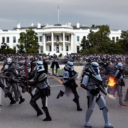 Image similar to a still candid image of hundreds of stormtropers rioting in front of a the white house in washington.!!!, dusk, fire, smoke, kaos, flaming torches and flags