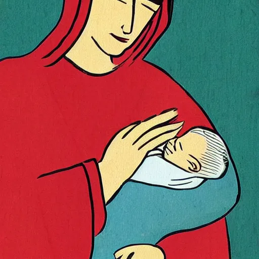 Image similar to midcentury modern illustration of 80 year old sentimental Mediterranean skinned woman in ancient Canaanite clothing holding a newborn baby, crying, awe, love, ancient interior tent background