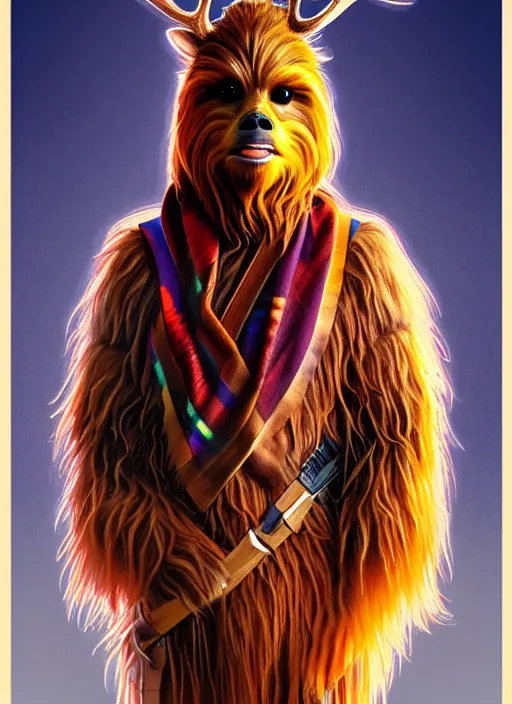 Image similar to symmetry!! portrait of chewbacca as antlered deer wearing a colorful scarf!, intricate, elegant, highly detailed, digital painting, artstation, concept art, smooth, sharp focus, illustration, art by artgerm and greg rutkowski and alphonse mucha, 8 k