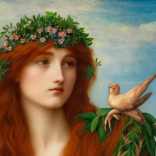 Prompt: Beautiful Pre-Raphaelite goddess of nature holding a little bird, in the style of John William Godward and Anna Dittman, close-up portrait, porcelain skin, head in focus, sacred mandala halo, flowers and plants, etheric, moody, intricate, mystical,