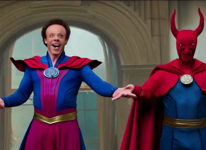 Prompt: film still of richard simmons as dr strange using magic in multiverse of madness, 8 k