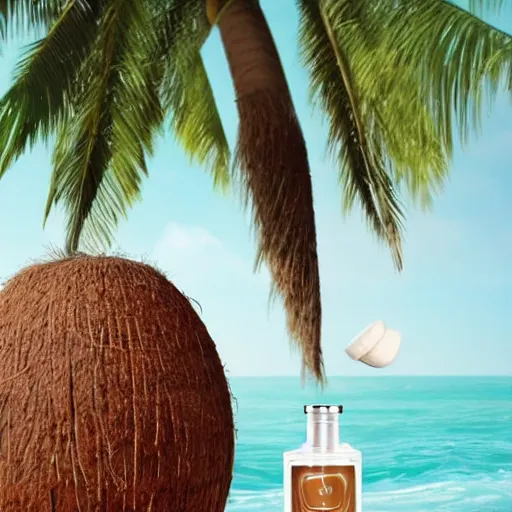 Prompt: anthropomorphic coconut in perfume bottle commercial