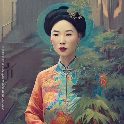 Image similar to portrait of chinese lady in cheongsam, highly detailed vfx portrait, unreal engine, greg rutkowski, loish, rhads, caspar david friedrich, makoto shinkai and lois van baarle, ilya kuvshinov, rossdraws, elegent, tom bagshaw, alphonse mucha, global illumination, detailed and intricate environment