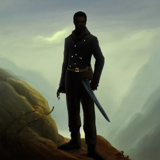 Prompt: dark-skinned man standing tall on a cliff fog clouds clothed in military uniform holding sword in the style of CASPAR DAVID FRIEDRICH atmosphere colourful beautiful image artstation deviantart acrylic