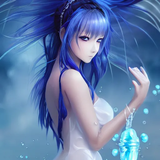 Image similar to a very beautiful anime girl wearing a dress made of water standing in a crystal lake , full body, long black hair, azure blue watery eyes, full round face, seductive stare, cinematic lightning, medium shot, mid-shot, highly detailed, trending on artstation, Unreal Engine 4k, Stanley Artgerm Lau, WLOP, Rossdraws, James Jean, Andrei Riabovitchev, Marc Simonetti, and Sakimichan