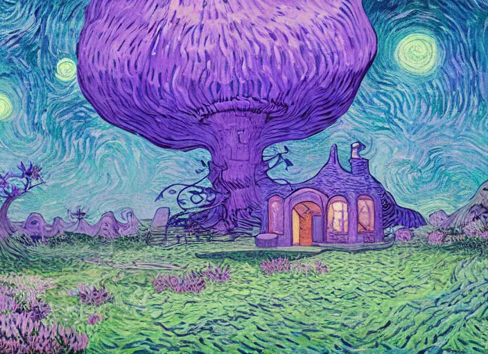 Image similar to detailed painting of a mysterious house inside a giant purple mushroom, mystical dark purple landscape at night, dark purple sky, blue bioluminescent life, in the style of moebius and studio ghibli and vincent van gogh and claude monet