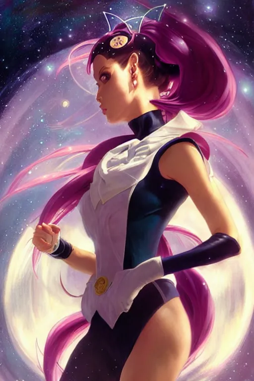 Image similar to aeon flux as sailor moon picture by Greg Rutkowski, pastels, stars, dynamic pose, matte painting, intricate, fantasy concept art, elegant, by Stanley Artgerm Lau, WLOP, golden ratio, thomas kindkade, alphonse mucha, loish, Peter chung, norman Rockwell,