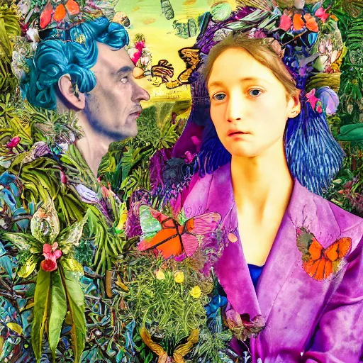 Prompt: maximalist mixed media collage half-lenght portrait of a futuristic father with a beautiful child, wearing an elaborate jacket overgrown by plants. halo. in the style of Raffaello, Botticelli. vibrant pastel tones matte background HD 8x