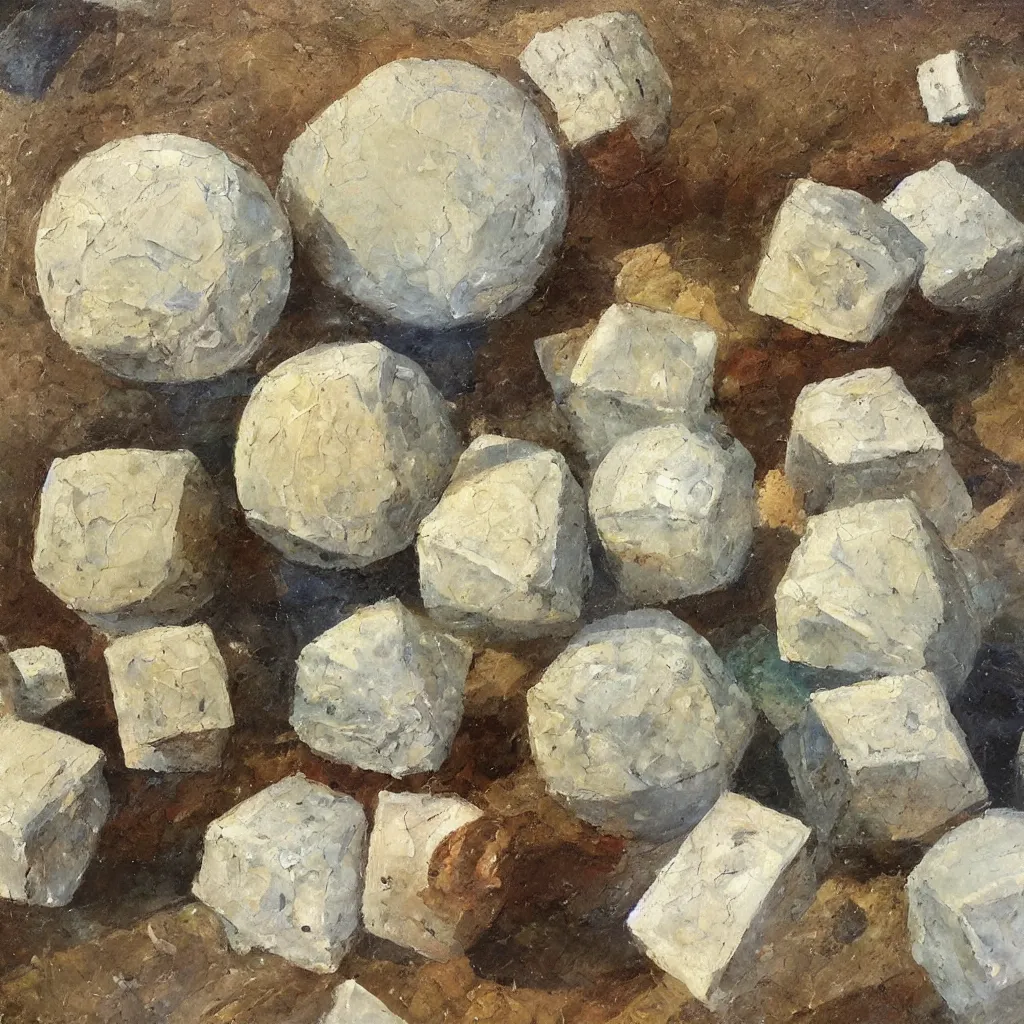 Prompt: sculpted white marble cubes and spheres painted in the style of the old masters, painterly, thick heavy impasto, expressive impressionist style, painted with a palette knife