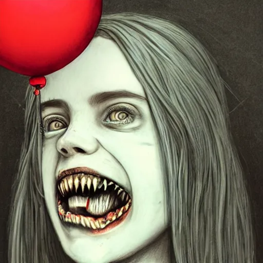 Image similar to sketch of Billie eilish with a wide smile and a red balloon by Zdzisław Beksiński, loony toons style, pennywise style, corpse bride style, creepy lighting, horror theme, detailed, elegant, intricate, conceptual, volumetric light