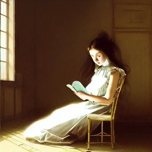 Image similar to a girl reading a book, her hair flowing down, by omar ortiz, carl spitzweg, ismail inceoglu, vdragan bibin, hans thoma, greg rutkowski, wayne forrest, krzysztof lukasiewicz, perfect face, fine details, centered, rule of thirds, photorealistic shading