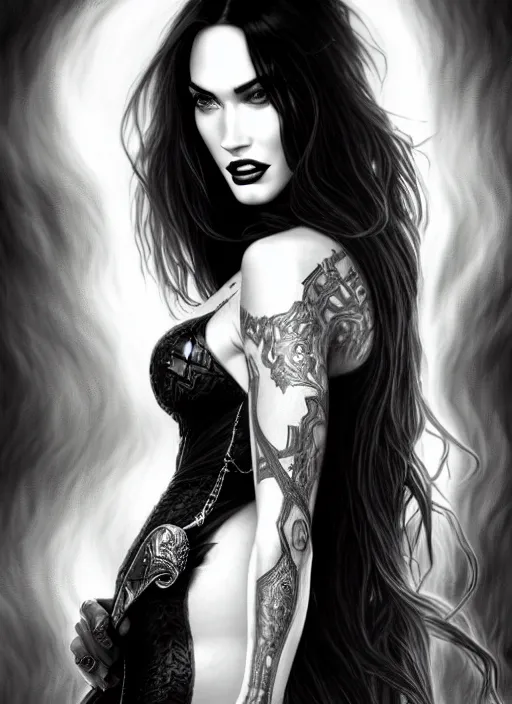 Prompt: a black and white pencil portrait of megan fox as a vampire lord, in a dress, jewelry, greek,, intricate, headshot, highly detailed, drawn with pencil, black and white, artstation, concept art, sharp focus, cinematic lighting, illustration, art by artgerm and greg rutkowski, alphonse mucha, cgsociety