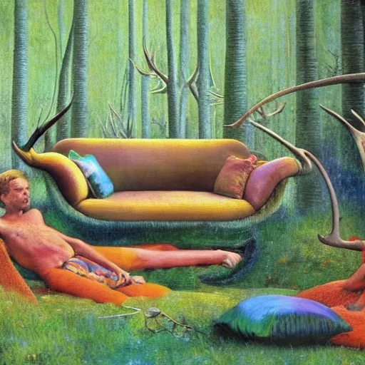 Image similar to psychedelic couch sofa in the lush pine forest, milky way, moose antlers, designed by arnold bocklin, jules bastien - lepage, tarsila do amaral, wayne barlowe and gustave baumann, cheval michael, trending on artstation, star, sharp focus, colorful refracted sparkles and lines, soft light, 8 k 4 k