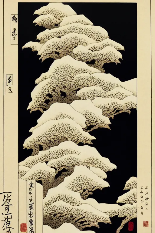 Image similar to 麒 麟 made with dense line drawing, symmetry, by hokusai and james gurney, 山 海 经, exquisite detail, hd, 8 k, unreal