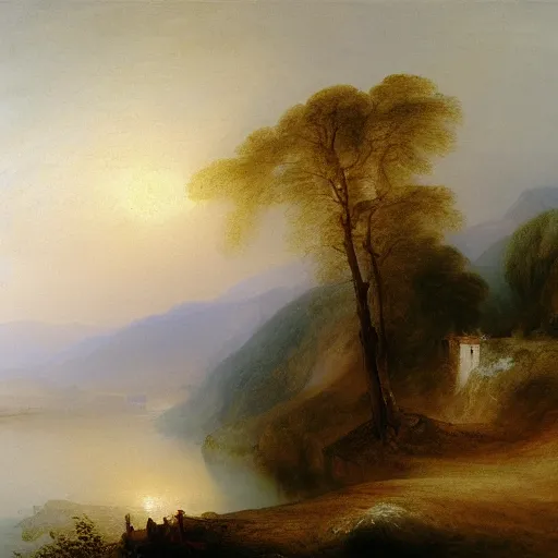 Prompt: A oil painting of scenic view of misty morning by JMW Turner, highly detailed, high resolution
