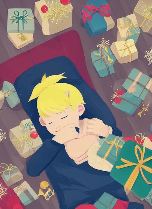 Prompt: little boy with short yellow blonde hair, asleep at christmas. surrounded by gifts. high quality detailed face. clean cel shaded vector art. shutterstock. behance hd by lois van baarle, artgerm, helen huang, by makoto shinkai and ilya kuvshinov, rossdraws, illustration, art by ilya kuvshinov