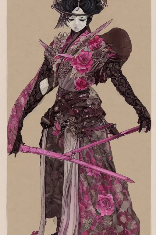 Image similar to full - bodied portrait, female changeling in rose - patterned eastern light armor, wielding a decorated halberd, wearing sandals, geisha mask, realistic proportions, reasonable fantasy, ghostblade, wlop.